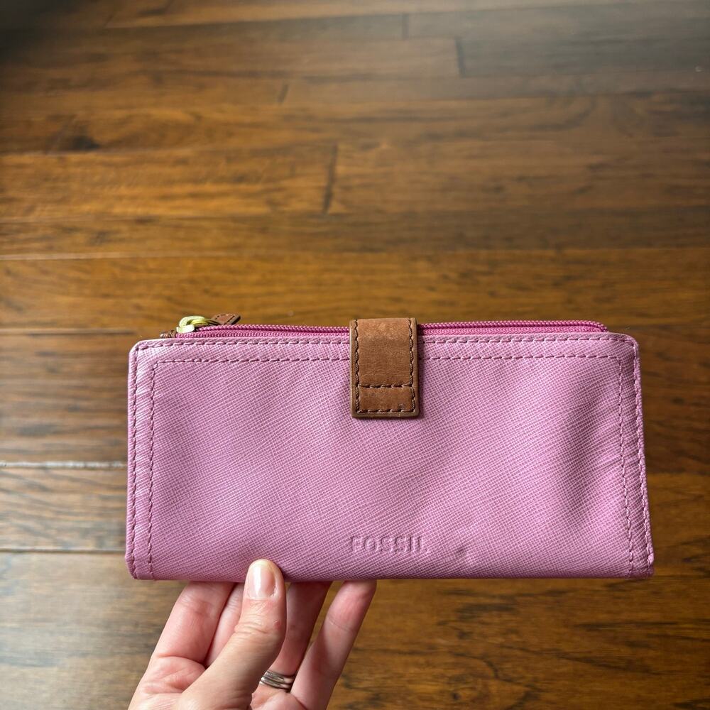 Fossil Pink Saffiano Leather Bifold Clutch Wallet Organizer Brown Tab Snap Zip